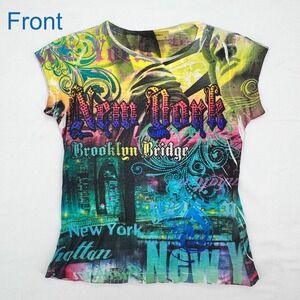 2000s Sweet Gisele Kids Medium New York Brooklyn Bridge Rhinestone Graphic Tee